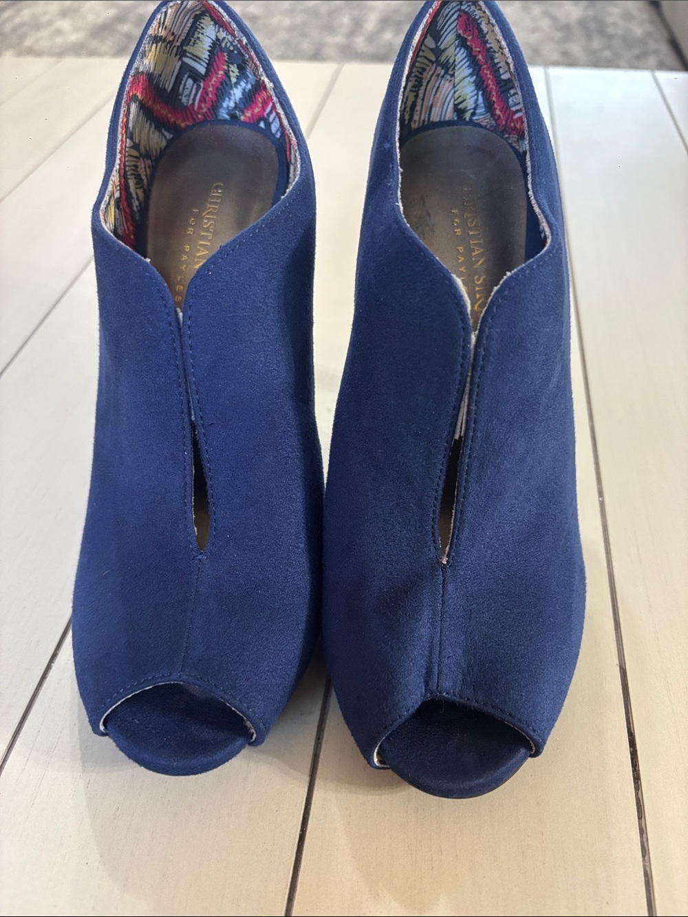 Christian Siriano Navy Suede Peep-Toe Booties with Patterned Lining